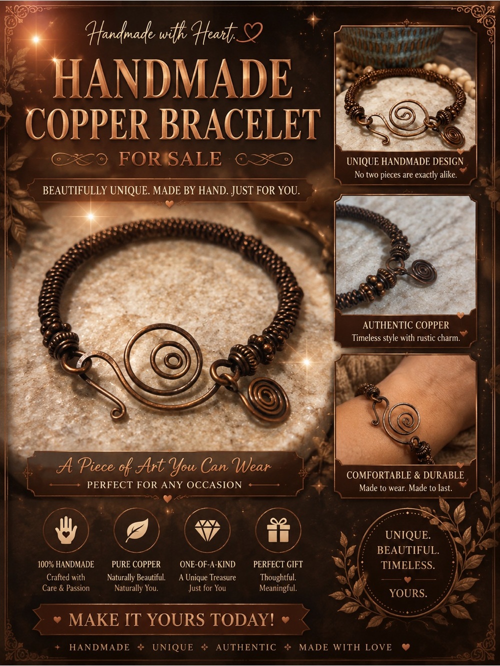 Handmade Copper Bracelet - Authentic Copper Spiral Design